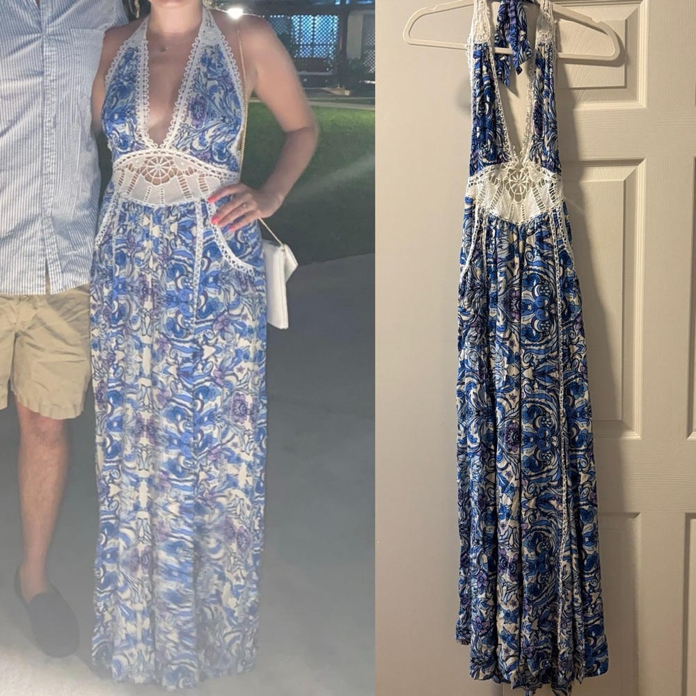 Free People Blue and Cream Halter Jumpsuit